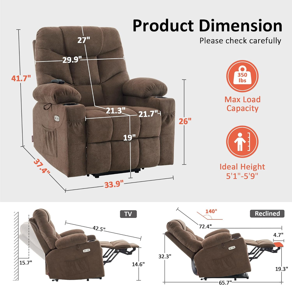 Power Lift Recliner Chair with 140° Recline, USB-C Charging & Cup Holders